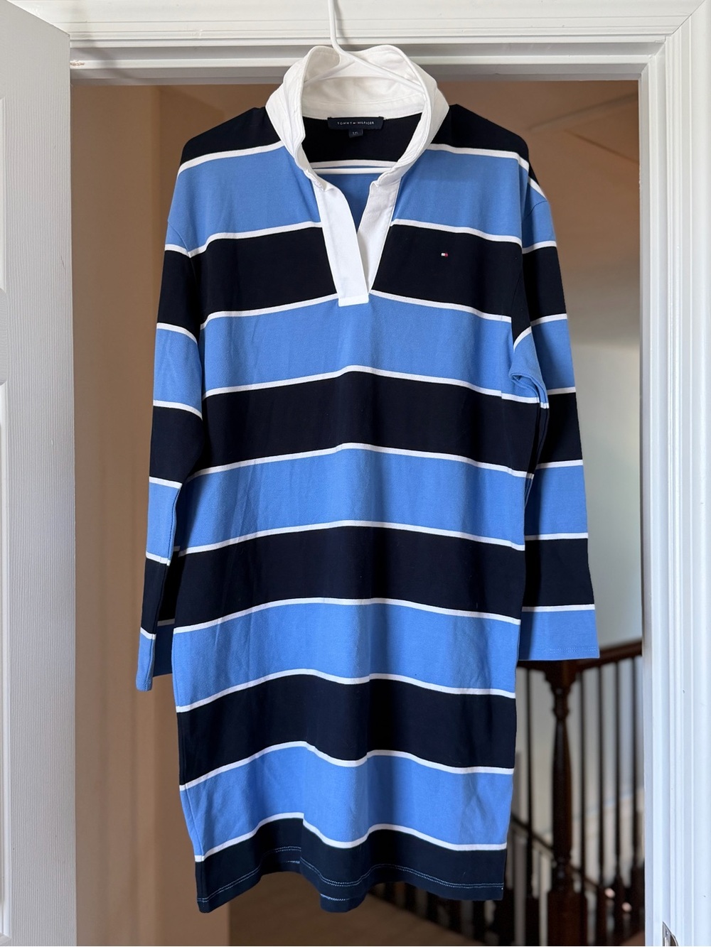 Tommy Hilfiger Rugby Polo Dress Blue Navy Striped Long Sleeve Large